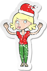 retro distressed sticker of a cartoon woman wearing christmas hat