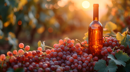 Sunlit grapes and wine bottle in vineyard. Copy space, custom lable