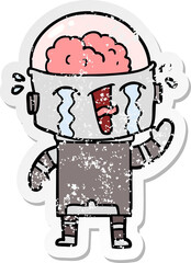distressed sticker of a cartoon crying robot waving