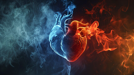 smoking hot vs colhuman heart anatomy in red and blue , smoking hot vs cold heart	 - obrazy, fototapety, plakaty