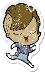 distressed sticker of a happy cartoon girl in futuristic clothes