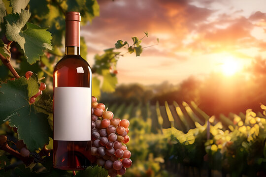 Brandable wine bottle amid grapevines at sunset. Mock-up, copy space