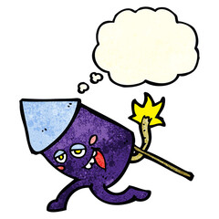 cartoon funny firework character with thought bubble