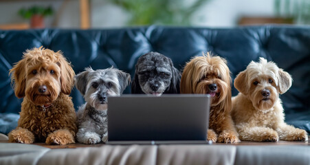 Funny cute dogs lying on the sofa at home and using the laptop, pets and technology concept	