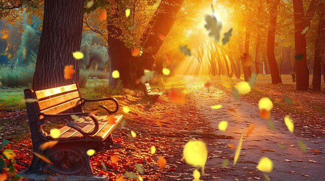 Imagine a picturesque autumn scene with colorful leaves falling from trees around  Seamless looping 4k time-lapse virtual video animation background. Generated AI	