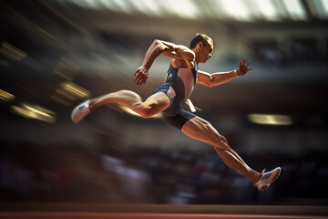 Male track and field athlete leaping in a long jump event - Generative AI
