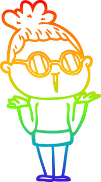 recommend clip art: rainbow gradient line drawing cartoon shrugging woman wearing spectacles