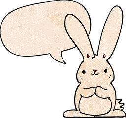 cartoon rabbit and speech bubble in retro texture style