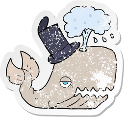 retro distressed sticker of a cartoon whale spouting water