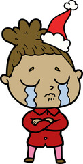 line drawing of a crying woman wearing santa hat