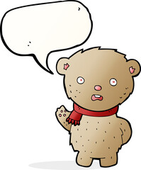 cartoon teddy bear wearing scarf with speech bubble