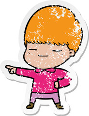 distressed sticker of a cartoon smug boy