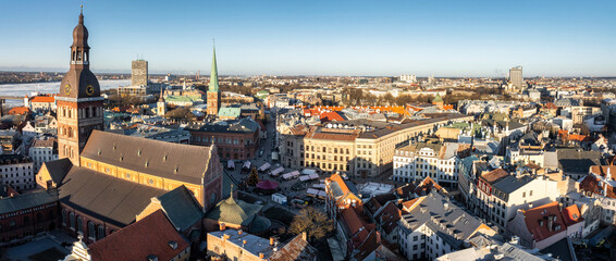 Beautiful aerial Riga view from above. Panoramic view of the Riga old town, the capital of Latvia. - obrazy, fototapety, plakaty