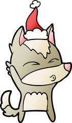 gradient cartoon of a wolf whistling wearing santa hat