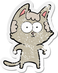 distressed sticker of a happy cartoon cat
