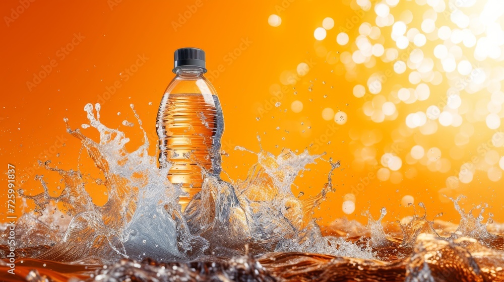 Poster a refreshing burst of orange and fluid motion, a bottled drink dives into the sparkling outdoor wate