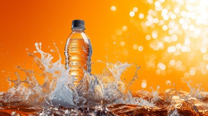 A refreshing burst of orange and fluid motion, a bottled drink dives into the sparkling outdoor waters, creating a playful splash of thirst-quenching delight