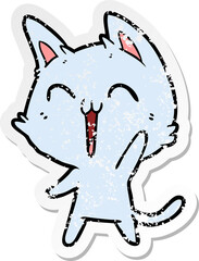 distressed sticker of a happy cartoon cat meowing