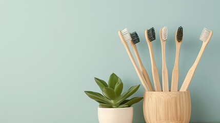 A sustainable solution blooms as a group of bamboo toothbrushes sit nestled in a flowerpot next to a vibrant houseplant, a reminder of the power of nature and conscious tools within our indoor spaces