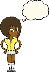 cartoon woman with hands on hips with thought bubble