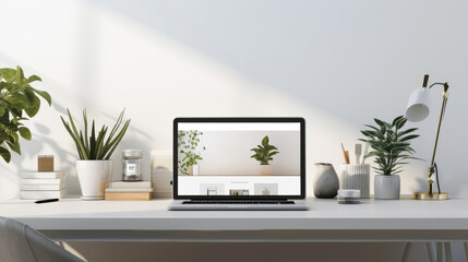 A modern laptop sits atop a sleek white desk, surrounded by a tasteful arrangement of houseplants and a vase of vibrant flowers, framed by a large window and a stylish mirror on the wall
