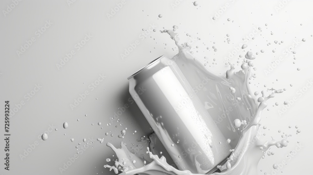 Poster a carbonated can breaks the surface of creamy milk, creating a mesmerizing splash of contrasting tex