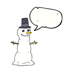 speech bubble textured cartoon snowman in top hat