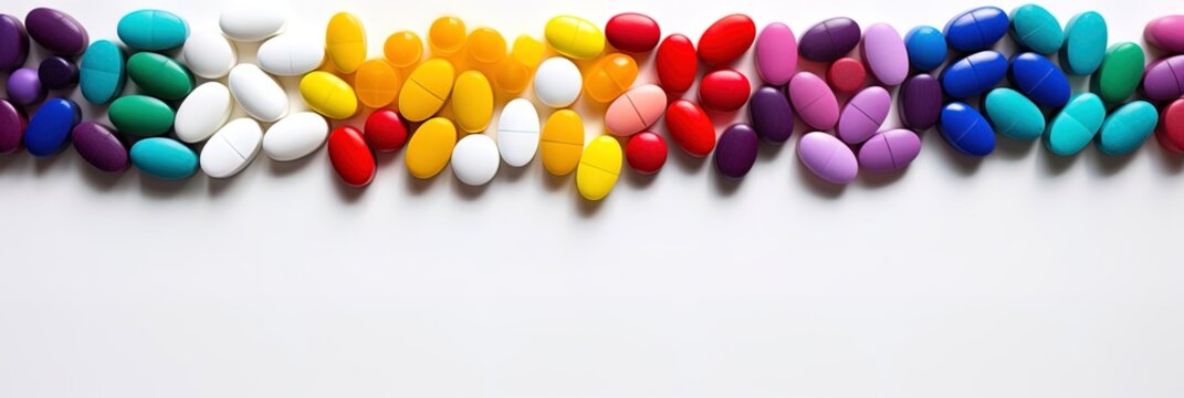 A line of a lot of bright multi-colored tablets of antidepressants at a white background. Isolated. Copy space. Banner.
