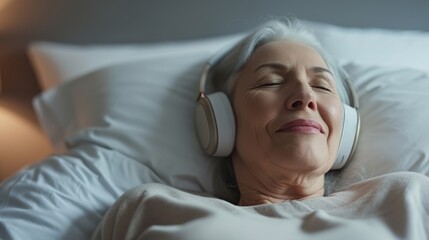 Fototapeta premium A woman finds solace in her own company, cocooned in the comfort of her bed as she listens to the world through her headphones