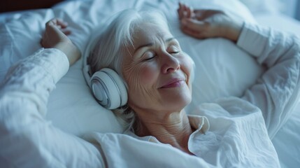 A peaceful woman finds solace in music as she rests in her cozy bed, her skin glowing in the warmth of the blankets, surrounded by the comfort of her own space and the sweet innocence of a sleeping b - obrazy, fototapety, plakaty