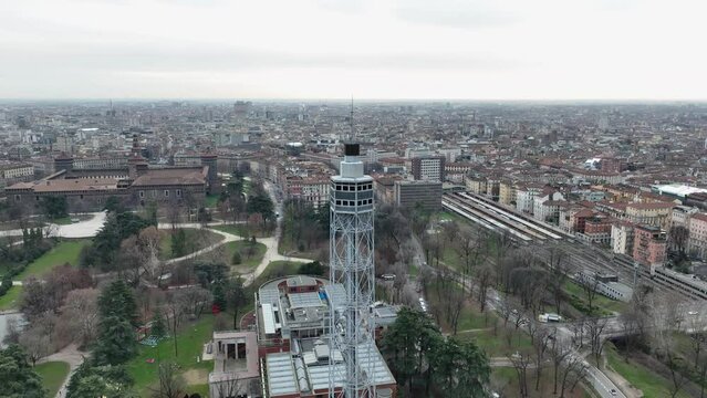 Aerial view of the Ancient observation tower in 4k