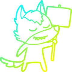 cold gradient line drawing friendly cartoon wolf with blank sign