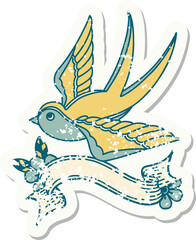 grunge sticker with banner of a swallow