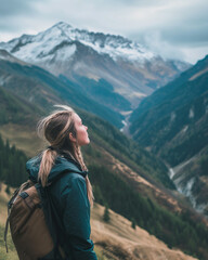 Naklejka premium Young woman inhales fresh mountain air, adventure awaits. Hiking and relaxation in nature. Concept of freedom, sport and wellbeing