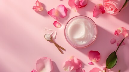 A delicate display of nature's beauty captured in a single vase, adorned with pink rose petals, resting upon a table set for a luxurious indoor treat - a bowl of cream and a spoon awaiting to indulge
