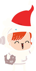 flat color illustration of a happy spacegirl holding moon rock wearing santa hat