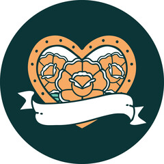 tattoo style icon of a heart and banner with flowers