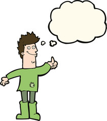 Obraz premium cartoon positive thinking man in rags with thought bubble