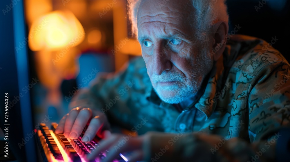 Poster A wise man's face illuminated by the soft glow of a computer screen as he works diligently on his keyboard, embodying the balance between technology and age