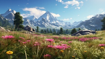 Serene Splendor: A Tapestry of Wildflowers Embraced by Majestic Mountain Peaks, A Harmonious Dance of Nature's Beauty in the Heart of the Wilderness