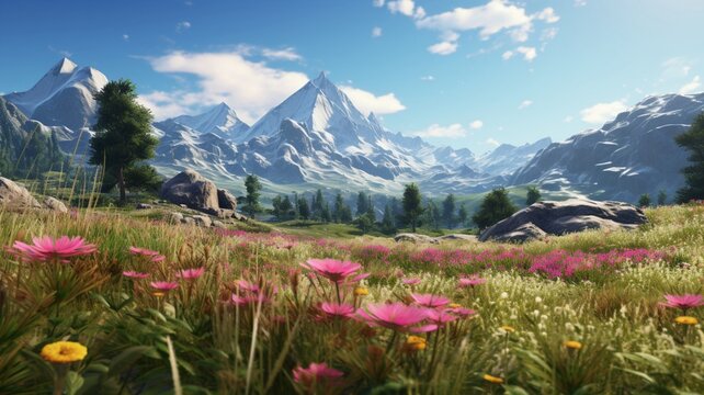 Serene Splendor: A Tapestry of Wildflowers Embraced by Majestic Mountain Peaks, A Harmonious Dance of Nature's Beauty in the Heart of the Wilderness
