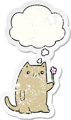 cute cartoon cat with flower and thought bubble as a distressed worn sticker