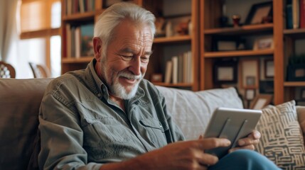 Fototapeta premium A contemplative man immerses himself in the digital world, surrounded by the comforts of home and literature, as he sits on a cozy couch in front of a bookcase adorned wall