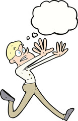 cartoon man running away with thought bubble