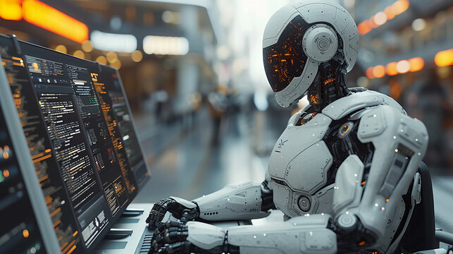 An AI robot sitting on a futuristic desk looking at his computer screen ,generative ai