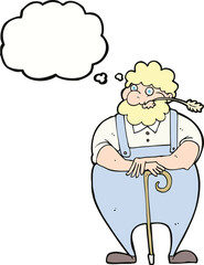 cartoon farmer leaning on walking stick with thought bubble