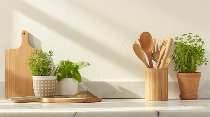 A lush houseplant rests in a wooden flowerpot, its vibrant leaves adding life to the simple kitchen counter, while a delicate vase holds a sprig of fresh herbs against the backdrop of a textured wall
