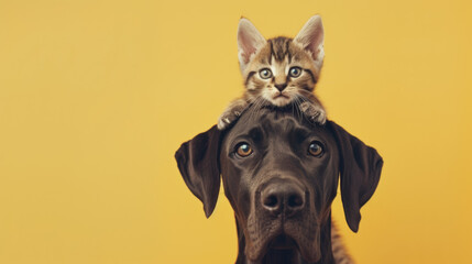 Great Dane holds a baby cat on his head. Pastel yellow background. Cat and dog together, animal friendship, taking care. Space for text. - obrazy, fototapety, plakaty