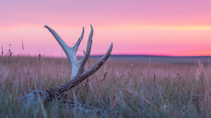 Old deer antler laying in the grass at dusk in Gr. - Powered by Adobe