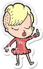 distressed sticker of a cartoon pretty hipster girl